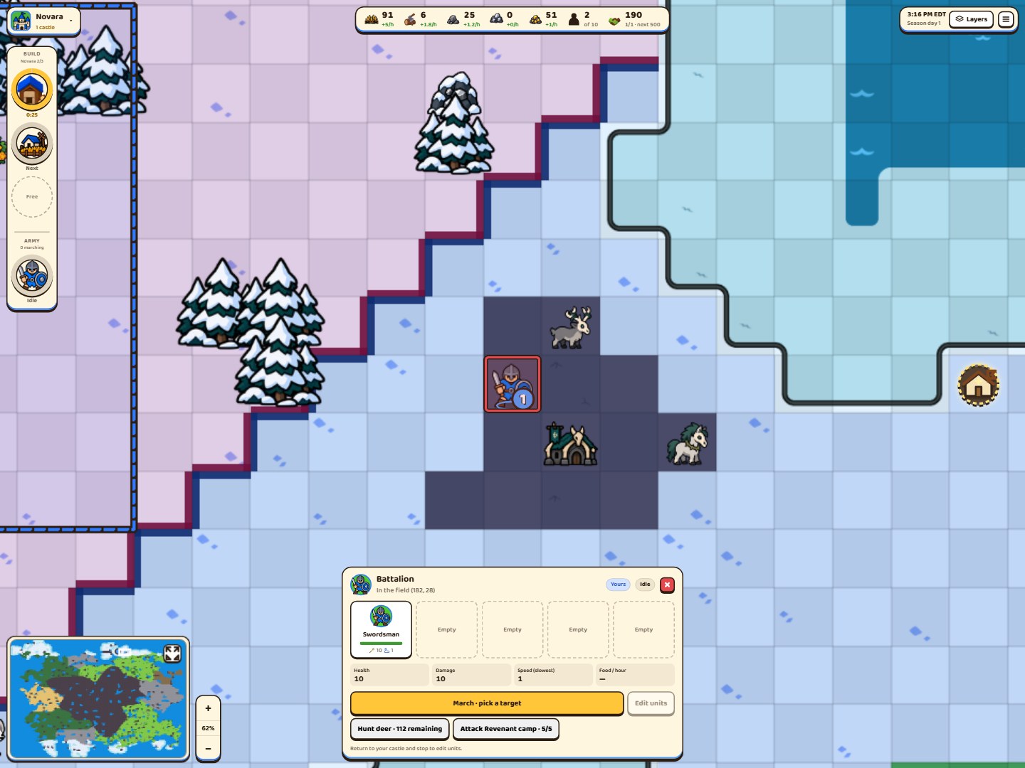 A castle on the world map with the battalion card open, showing a swordsman and a March button.