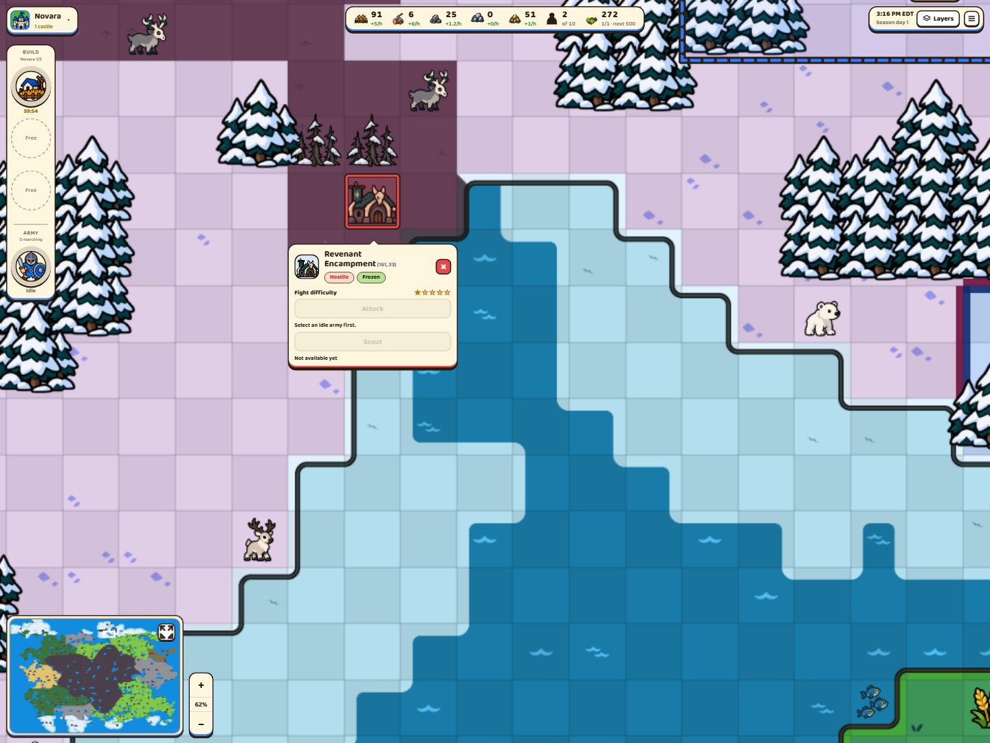 A Revenant encampment on the world map with its card showing the fight difficulty.